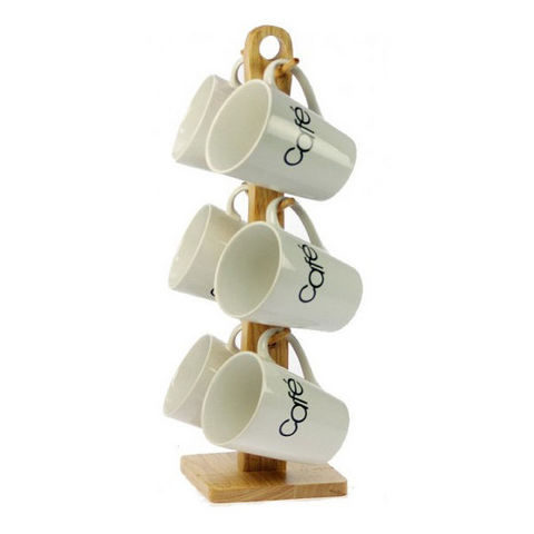 WHITE LABEL - Porte-tasses-WHITE LABEL-Ensemble de 6 Mugs en grès avec support de rangeme