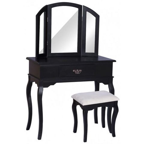 WHITE LABEL - Coiffeuse-WHITE LABEL-Coiffeuse bois avec grand miroir et tabouret table maquillage noir