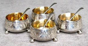 ERNEST JOHNSON ANTIQUES - sterling silver open salts with matching spoons - Saltcellar And Pepperpot