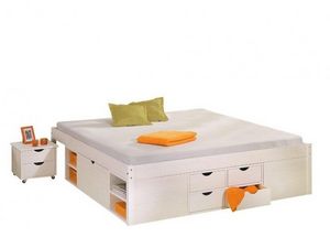 WHITE LABEL - lit multi rangement till en pin massif blanc 2 cou - Double Bed With Drawers