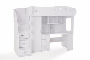 WHITE LABEL - lit mezzanine combi combiné bureau penderie blanch - Mezzanine Bed
