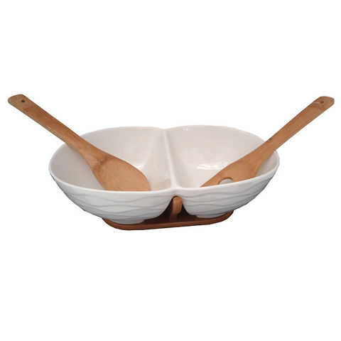 WHITE LABEL - Salad bowl-WHITE LABEL-Plat 2 espaces en porcelaine sur support en bambou