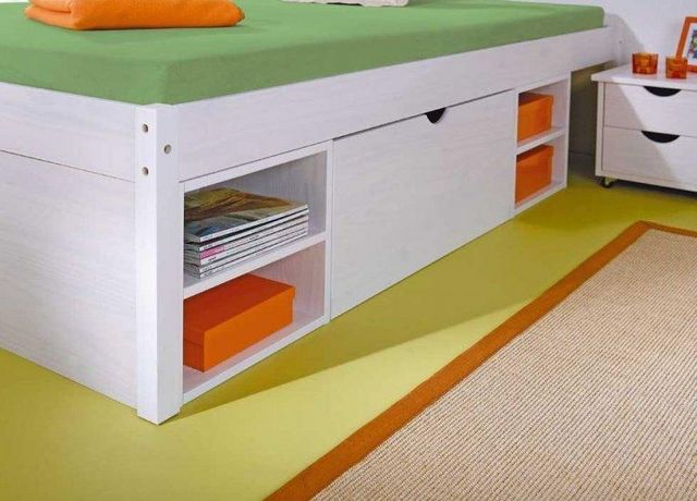 WHITE LABEL - Double bed with drawers-WHITE LABEL-Lit multi rangement TILL en pin massif blanc 2 cou