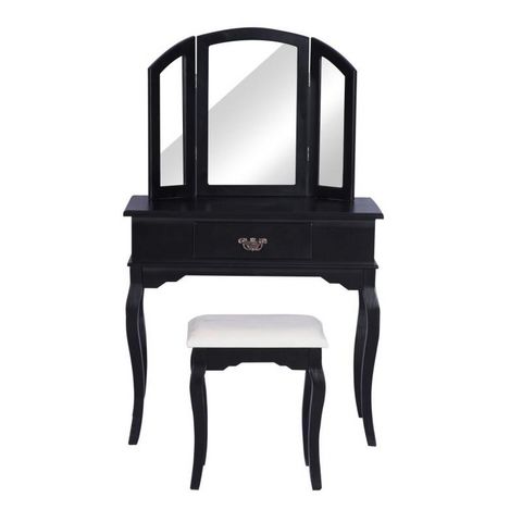 WHITE LABEL - Dressing table-WHITE LABEL-Coiffeuse bois avec grand miroir et tabouret table maquillage noir