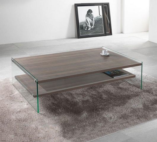 WHITE LABEL - Rectangular coffee table-WHITE LABEL-Table basse rectangle BELLA  2 plateaux noyer avec