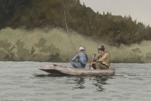 A BIRD IN HAND ANTIQUES - two boys in a boat - Ölgemelde Auf Leinwand Und Holztafel