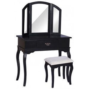 WHITE LABEL - coiffeuse bois avec grand miroir et tabouret table maquillage noir - Frisierkommode